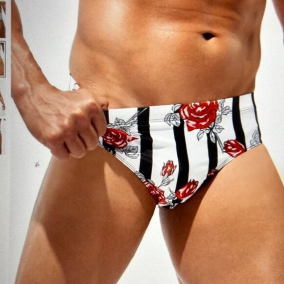 Brand New Men Striped Print Swim Brief Light Blue & White XL - Picture 2 of 5